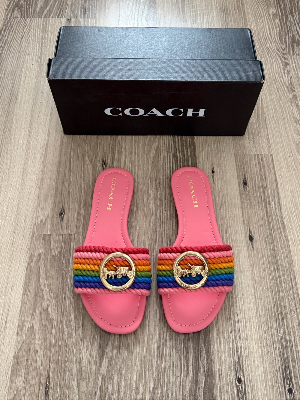 NIB Coach Pink Slide Sandals with Rainbow Rope Straps